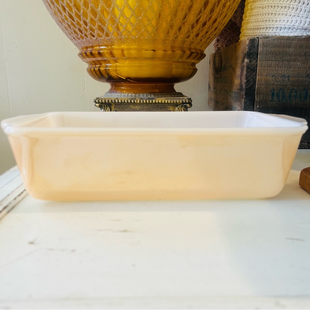 Iridescent Peach on Milk Glass Fire King Loaf Pan VTG
